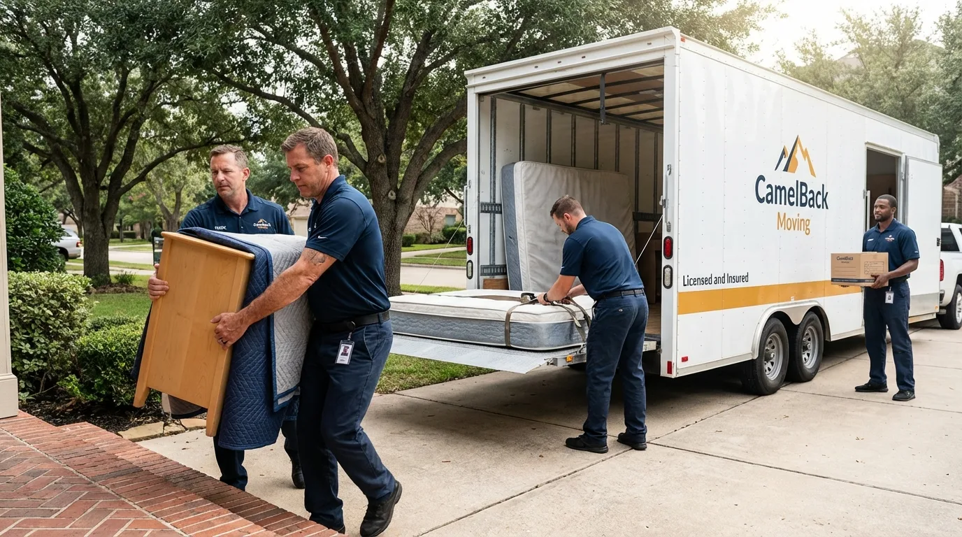 Crew loading residential truck for cross-state move from Des Allemands, LA