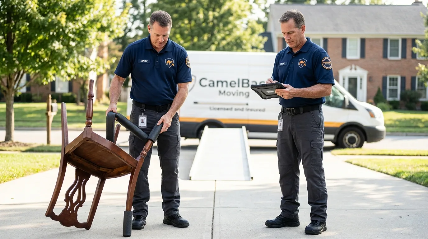 Movers inspecting furniture for damage prevention before loading in Des Allemands, LA