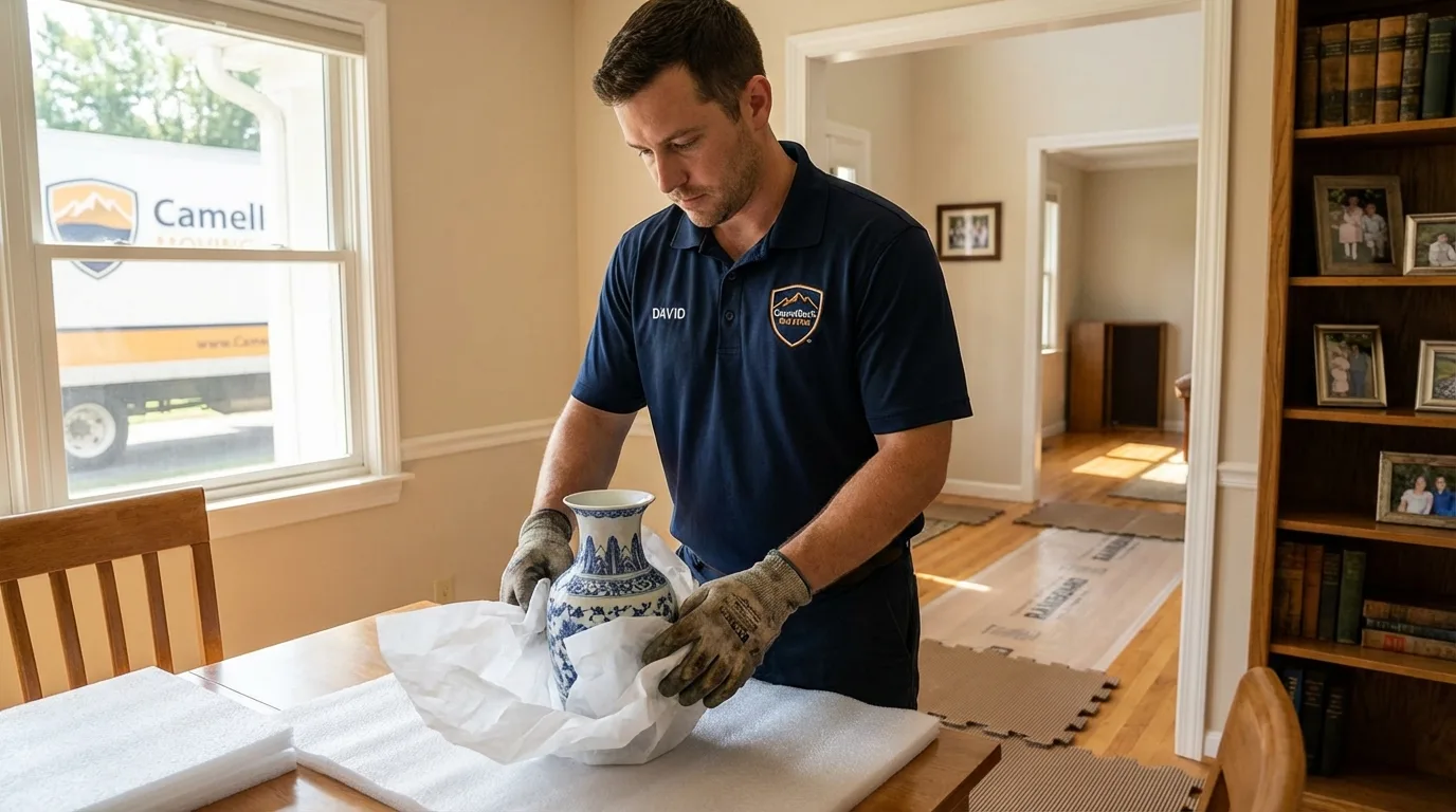 Professional crew carefully wrapping antique vase for senior downsizing move in Des Allemands, LA