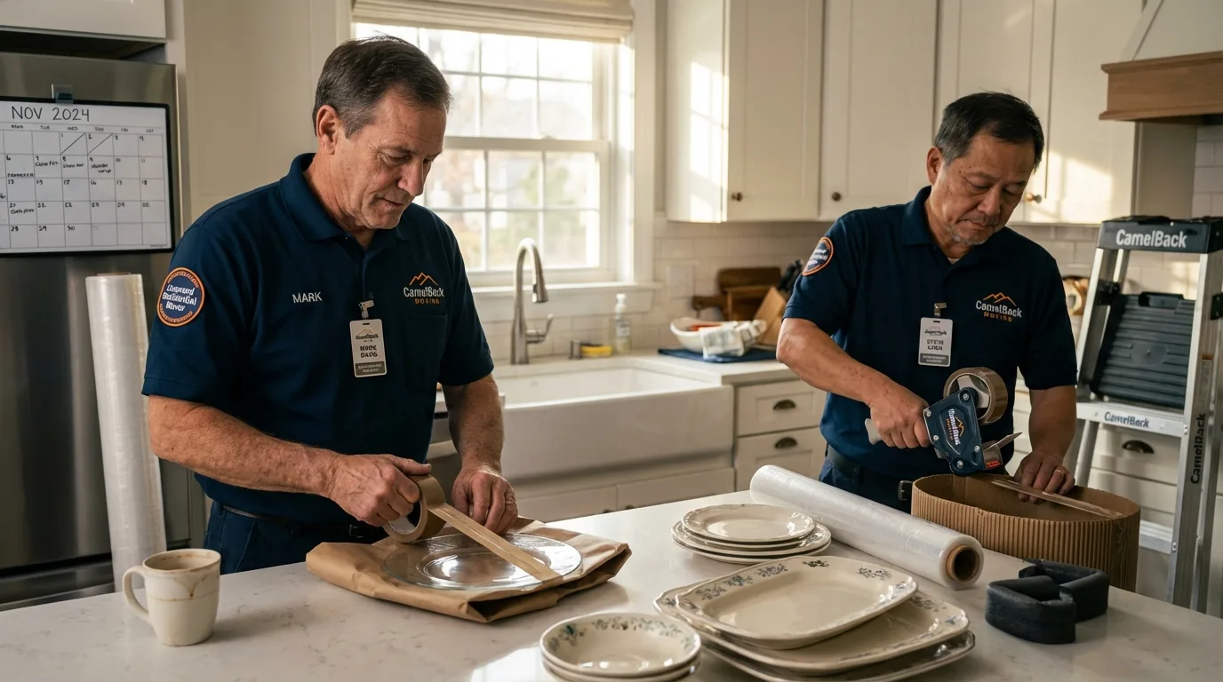Professional crew packing kitchen dishware in Des Allemands, LA